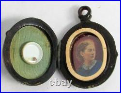 Victorian Era Hand Painted Portrait Photo In Black Locket With Mustard Seed
