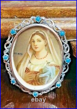 Victorian Era Lady Hand Painted Silver Crytals Portrait Pendant Brooch. Signed