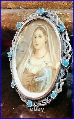 Victorian Era Lady Hand Painted Silver Crytals Portrait Pendant Brooch. Signed