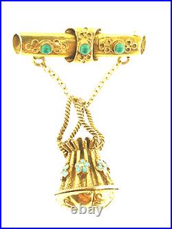 Victorian Etruscan StyleAntique14Kt Gold and Turquoise Dangle Urn Brooch / Pin