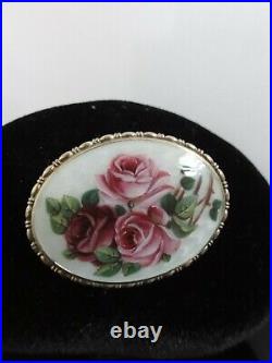 Victorian Fab Brooch 935 Sterling Silver Gilt Hand Painted Roses Guiloche Enamel