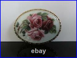 Victorian Fab Brooch 935 Sterling Silver Gilt Hand Painted Roses Guiloche Enamel