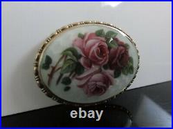 Victorian Fab Brooch 935 Sterling Silver Gilt Hand Painted Roses Guiloche Enamel