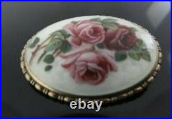 Victorian Fab Brooch 935 Sterling Silver Gilt Hand Painted Roses Guiloche Enamel