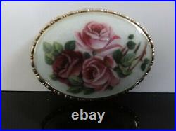 Victorian Fab Brooch 935 Sterling Silver Gilt Hand Painted Roses Guiloche Enamel