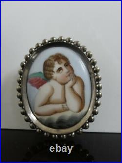 Victorian Fab Rare Large Hand Painted Porcelain Raphael's Cherub Brooch