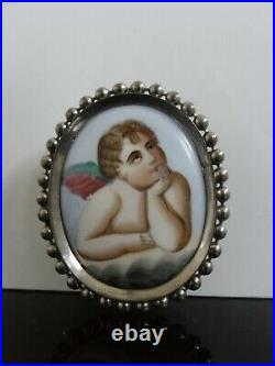 Victorian Fab Rare Large Hand Painted Porcelain Raphael's Cherub Brooch