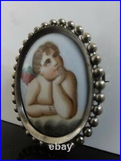 Victorian Fab Rare Large Hand Painted Porcelain Raphael's Cherub Brooch