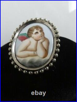 Victorian Fab Rare Large Hand Painted Porcelain Raphael's Cherub Brooch