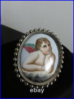 Victorian Fab Rare Large Hand Painted Porcelain Raphael's Cherub Brooch