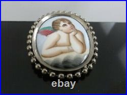 Victorian Fab Rare Large Hand Painted Porcelain Raphael's Cherub Brooch