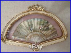 Victorian Fan Glass Gilt Frame Mint 23 x 17 Antique Hand Painted Wood Paper IT