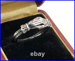 Victorian Fede Gimmel Clasped Hands Ring Sterling Silver Engraved S 5.2 Antique