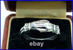Victorian Fede Gimmel Clasped Hands Ring Sterling Silver Engraved S 5.2 Antique