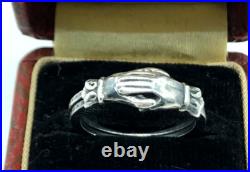 Victorian Fede Gimmel Clasped Hands Ring Sterling Silver Engraved S 5.2 Antique