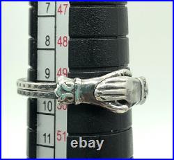 Victorian Fede Gimmel Clasped Hands Ring Sterling Silver Engraved S 5.2 Antique