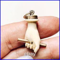 Victorian Figa Pendant Fob, Gold Fill Cap + Bale, Hand holding Rod, Closed Fist