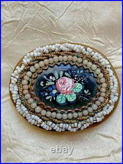 Victorian French Micro Beaded Brooch Rose Hand painted on Porcelain 4.5cm