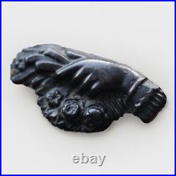 Victorian Gloved Hand Holding Flowers Mourning Brooch Black Vulcanite Faux Jet