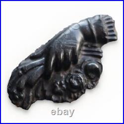 Victorian Gloved Hand Holding Flowers Mourning Brooch Black Vulcanite Faux Jet
