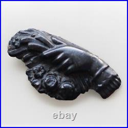 Victorian Gloved Hand Holding Flowers Mourning Brooch Black Vulcanite Faux Jet