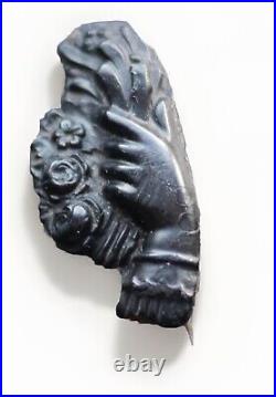 Victorian Gloved Hand Holding Flowers Mourning Brooch Black Vulcanite Faux Jet