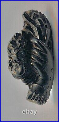 Victorian Gloved Hand Holding Flowers Mourning Brooch Black Vulcanite Faux Jet