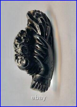 Victorian Gloved Hand Holding Flowers Mourning Brooch Black Vulcanite Faux Jet