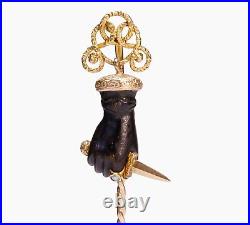 Victorian Gold Carved Horn Hand With Gold Ring and Dagger Stick Pin