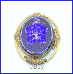 Victorian Gold Filled Blue White Glass Hand Painted Large Brooch C Clasp