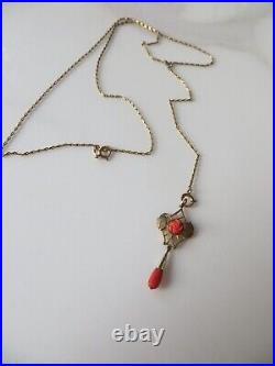 Victorian Gold Filled Lariat Long Necklace Carved Red Coral Rose Tear Pendant