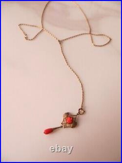 Victorian Gold Filled Lariat Long Necklace Carved Red Coral Rose Tear Pendant