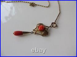 Victorian Gold Filled Lariat Long Necklace Carved Red Coral Rose Tear Pendant