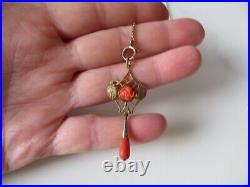 Victorian Gold Filled Lariat Long Necklace Carved Red Coral Rose Tear Pendant