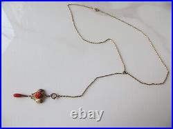 Victorian Gold Filled Lariat Long Necklace Carved Red Coral Rose Tear Pendant