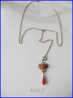 Victorian Gold Filled Lariat Long Necklace Carved Red Coral Rose Tear Pendant