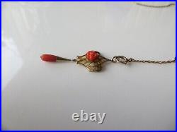 Victorian Gold Filled Lariat Long Necklace Carved Red Coral Rose Tear Pendant