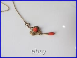 Victorian Gold Filled Lariat Long Necklace Carved Red Coral Rose Tear Pendant