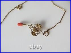 Victorian Gold Filled Lariat Long Necklace Carved Red Coral Rose Tear Pendant