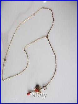 Victorian Gold Filled Lariat Long Necklace Carved Red Coral Rose Tear Pendant