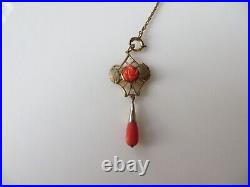 Victorian Gold Filled Lariat Long Necklace Carved Red Coral Rose Tear Pendant