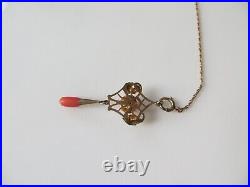 Victorian Gold Filled Lariat Long Necklace Carved Red Coral Rose Tear Pendant