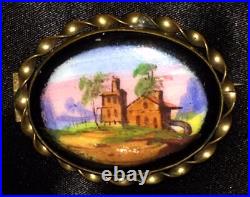 Victorian Gold Landscape Brooch Hand Painted Black Home Country Scene Antique