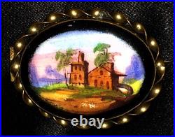 Victorian Gold Landscape Brooch Hand Painted Black Home Country Scene Antique
