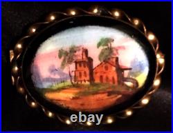 Victorian Gold Landscape Brooch Hand Painted Black Home Country Scene Antique