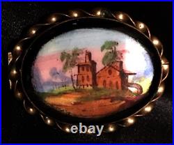 Victorian Gold Landscape Brooch Hand Painted Black Home Country Scene Antique