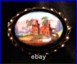 Victorian Gold Landscape Brooch Hand Painted Black Home Country Scene Antique