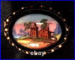 Victorian Gold Landscape Brooch Hand Painted Black Home Country Scene Antique