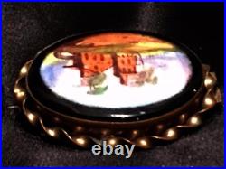 Victorian Gold Landscape Brooch Hand Painted Black Home Country Scene Antique