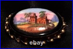 Victorian Gold Landscape Brooch Hand Painted Black Home Country Scene Antique